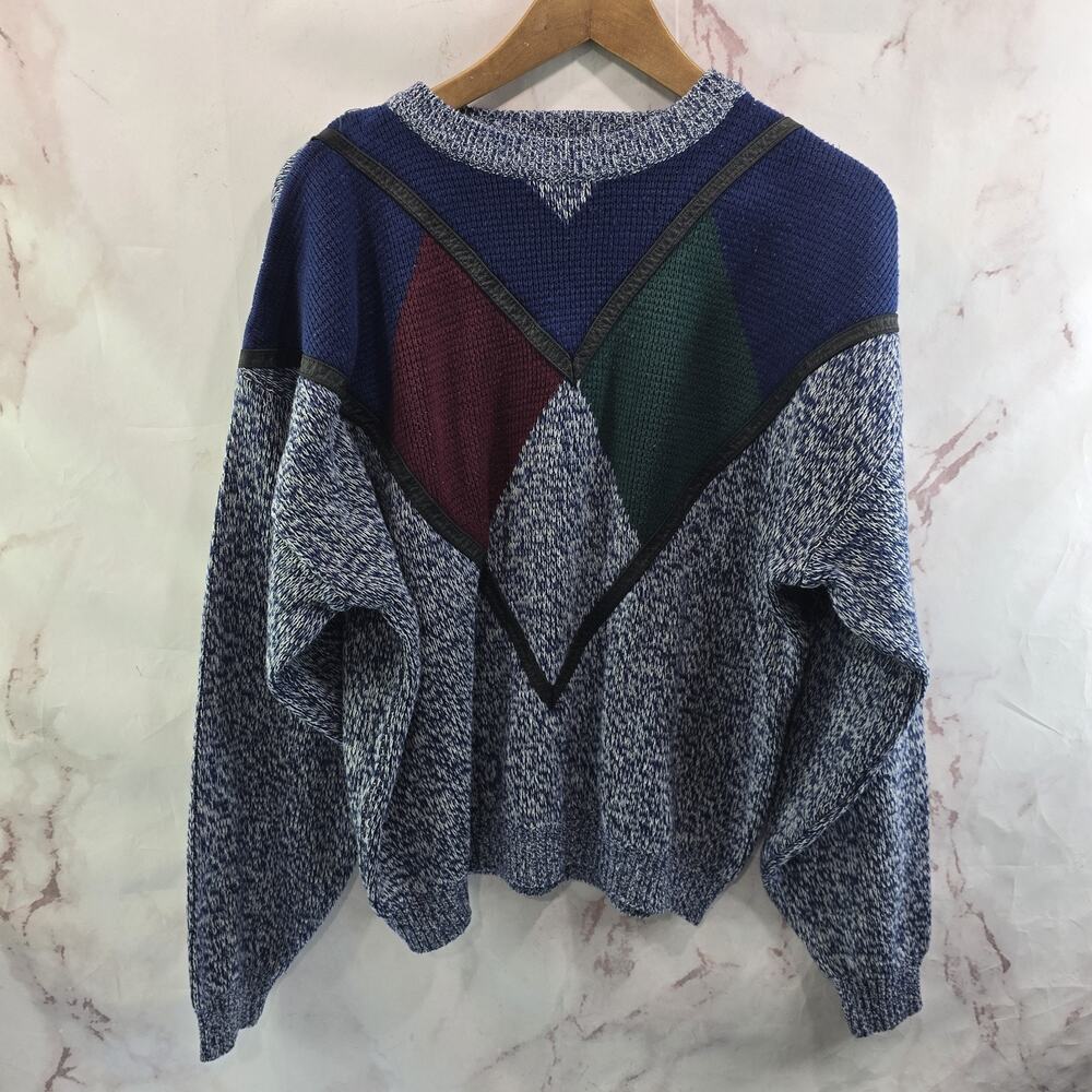 Vintage Sweater Mens Large Blue Green Crew 90s Y2K Patchwork Leather